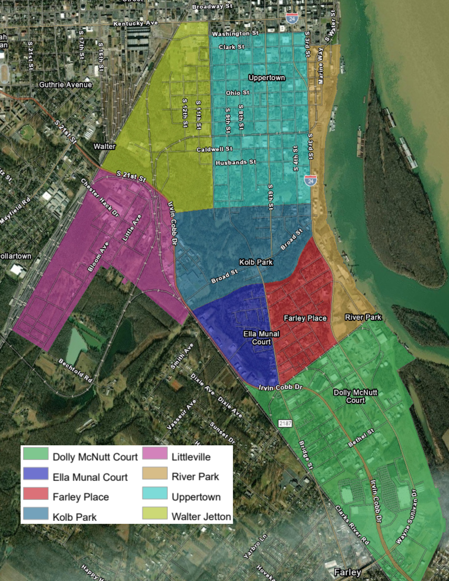 Map showing Southside neighborhoods and a legend with their names